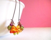 Dangle Earrings with ORANGE Bell Flowers, Green, and Purple Beads