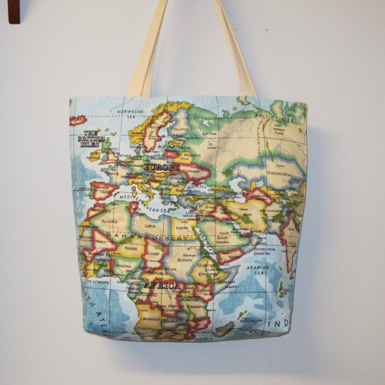Tote Bag  Blue Cotton World Map Atlas Fabric