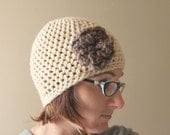 Flower Beanie Hat Women's - Flower Hat - Adult Beanie Hat - Women's Crochet Hat - Tan Hat