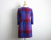 1960s plaid cobalt blue and burgundy a-line tunic/ shift long sleeve dress size medium