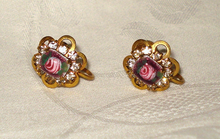 Vintage Guilloche and Rhinestone screw back Earrings