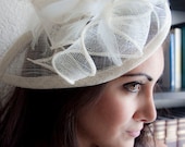Ivory Fascinator - "Penny" Mesh Hat Fascinator with Mesh Ribbons and Ivory Feathers