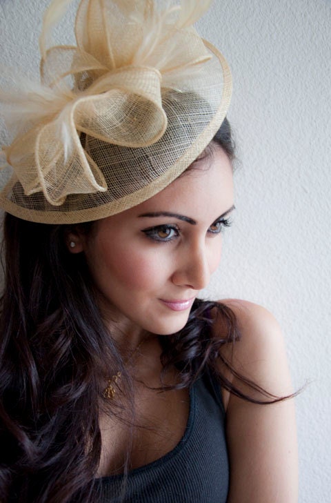 Champagne Gold Fascinator - "Penny" Mesh Hat Fascinator with Mesh Ribbons & Golden Feathers - EyeHeartMe