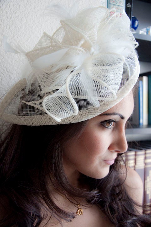Ivory Fascinator - "Penny" Mesh Hat Fascinator with Mesh Ribbons and Ivory Feathers