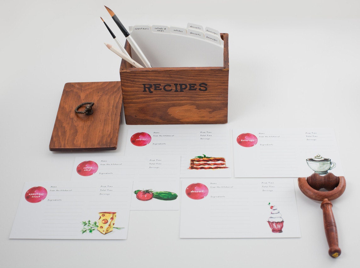 Watercolor Hand Painted Recipe Cards - A set of 50 and 5 dividers