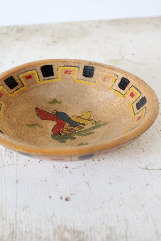 1950s Southwestern Bowl / Painted Wood Bowl