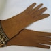 Beautiful Nut Brown Gloves, Thin Suede Leather with Art Deco Gold Border, size 6 1/4, Narrow, 1930s Gloves