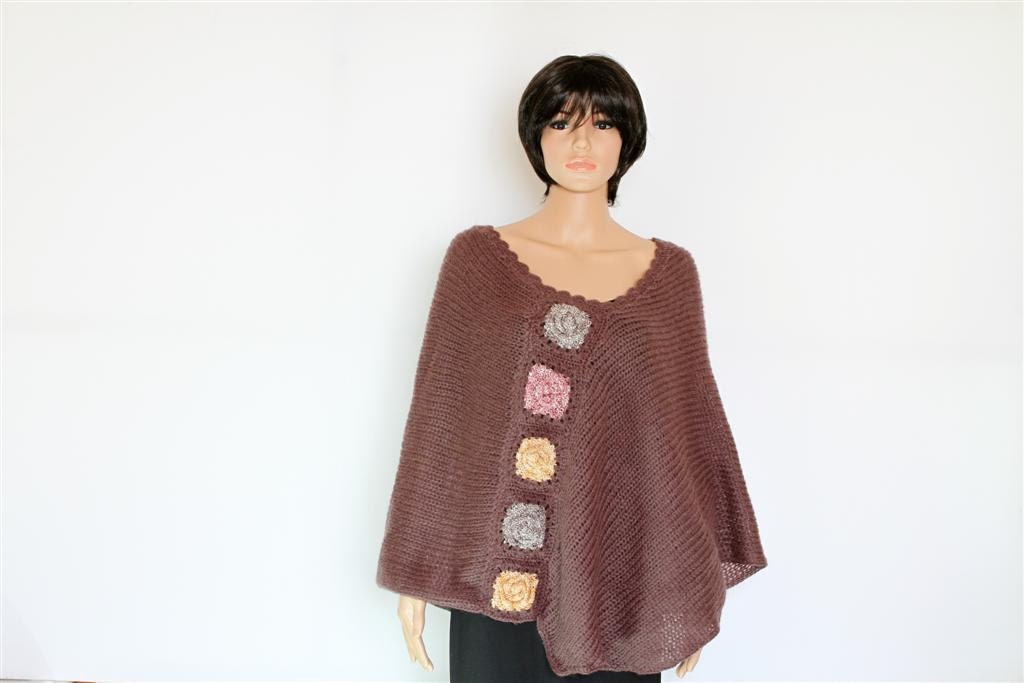 Brown  Womens Poncho,  Knit Poncho, Womens Shawl  with four colored  flowers.