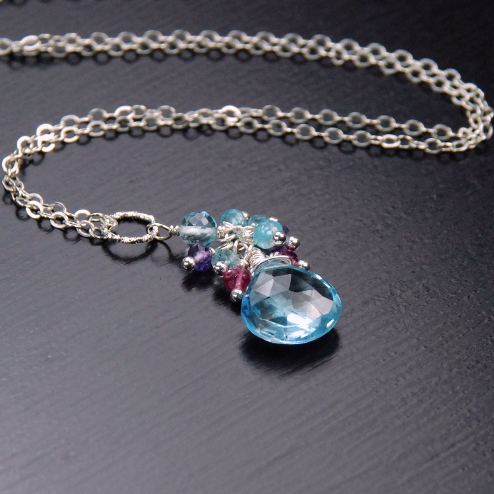 Blue Topaz Pendant, Silver Necklace with Blue Topaz and Cluster of Mixed Gems