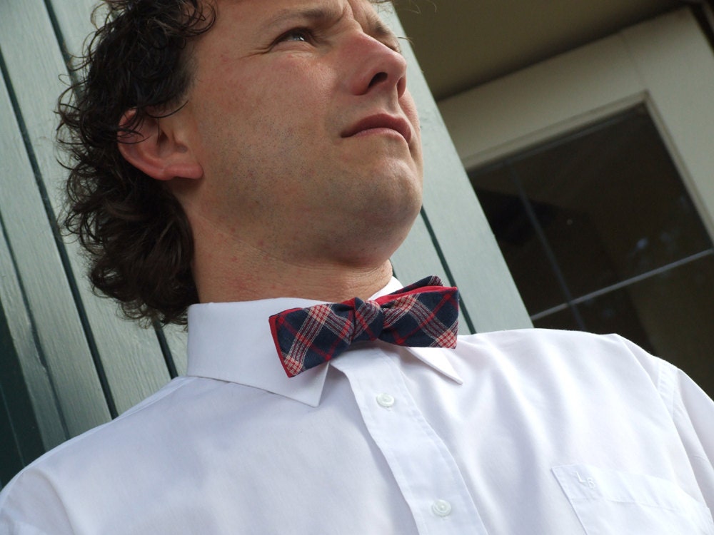 Bow Tie, for men, skinny style, self tie, red, white and blue plaid, plain red on reverse.