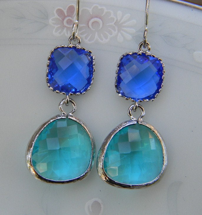 Sea Green Earrings Cobalt Silver Two Tier - Sterling Silver Earwires - Bridesmaid Earrings Wedding Earrings Bridal Earrings