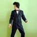 mens suit navy blue red pinstripe double breasted peaked lapel Romelli Hughes Hatcher 40R 40L Lucky 7