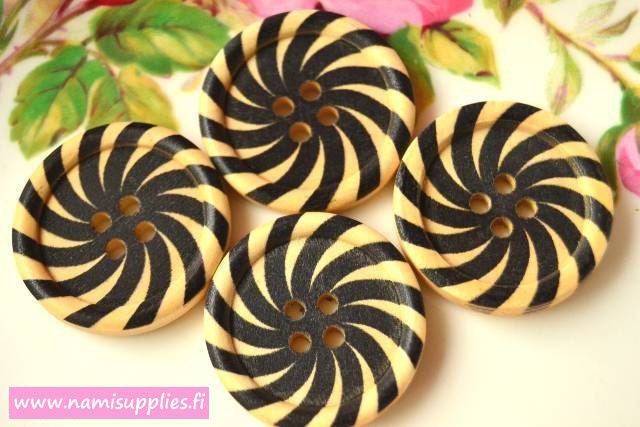 Wooden buttons 30mm, Painted Wood Buttons 4pcs, Big Round Button, Black Stripe Design, Natural Wood