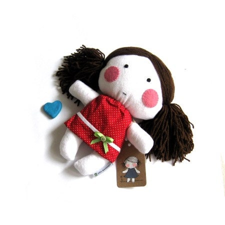 Rag doll toy stuffed puppet plushie softie girl handmade kid kids cuddly child friendly safe white red polka dot dotted dress clothes 11"