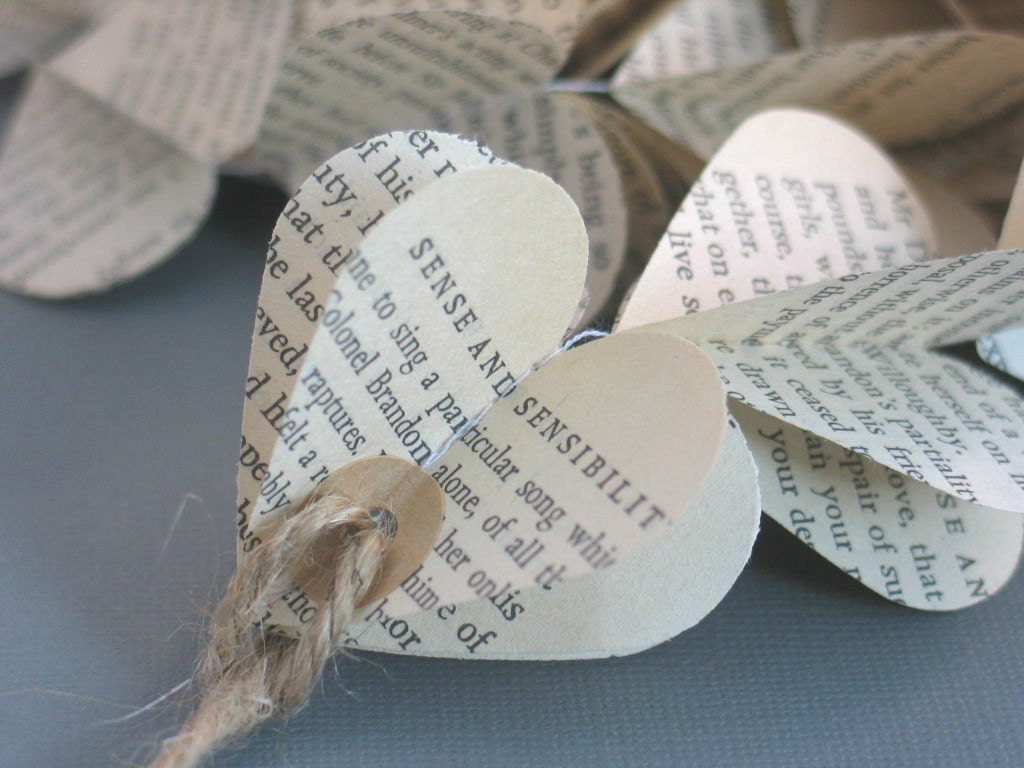 Vintage Paper Heart 3D Garland, Jane Austen Sense and Sensibility Garland, Paper Mobile, Wedding Garland, Eco-Wedding, Approx 4 FT