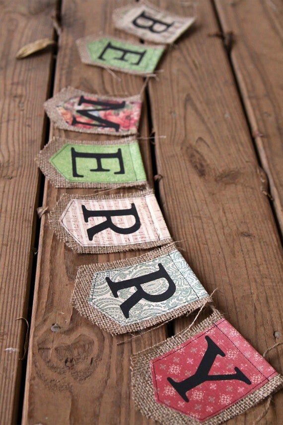Items similar to BE MERRY burlap Christmas banner on Etsy