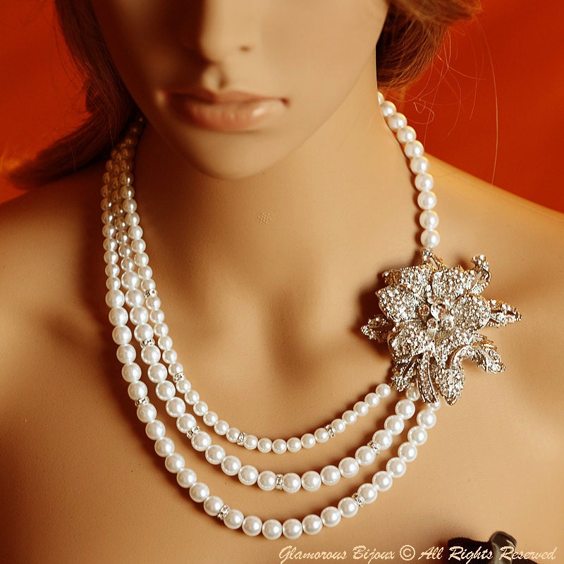 BRIGITTE, Vintage Inspired Bridal Necklace, Silver Filigree Rose Pearl Wedding Necklace in White or Ivory, Old Hollywood Wedding Jewelry