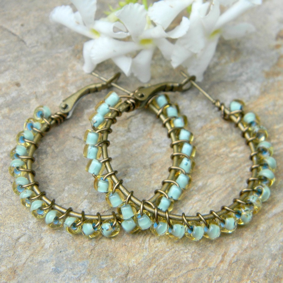 Hoop earrings bohemian earrings gifts for her spring green everyday earrings handmade beaded jewelry spring jewelry under 25