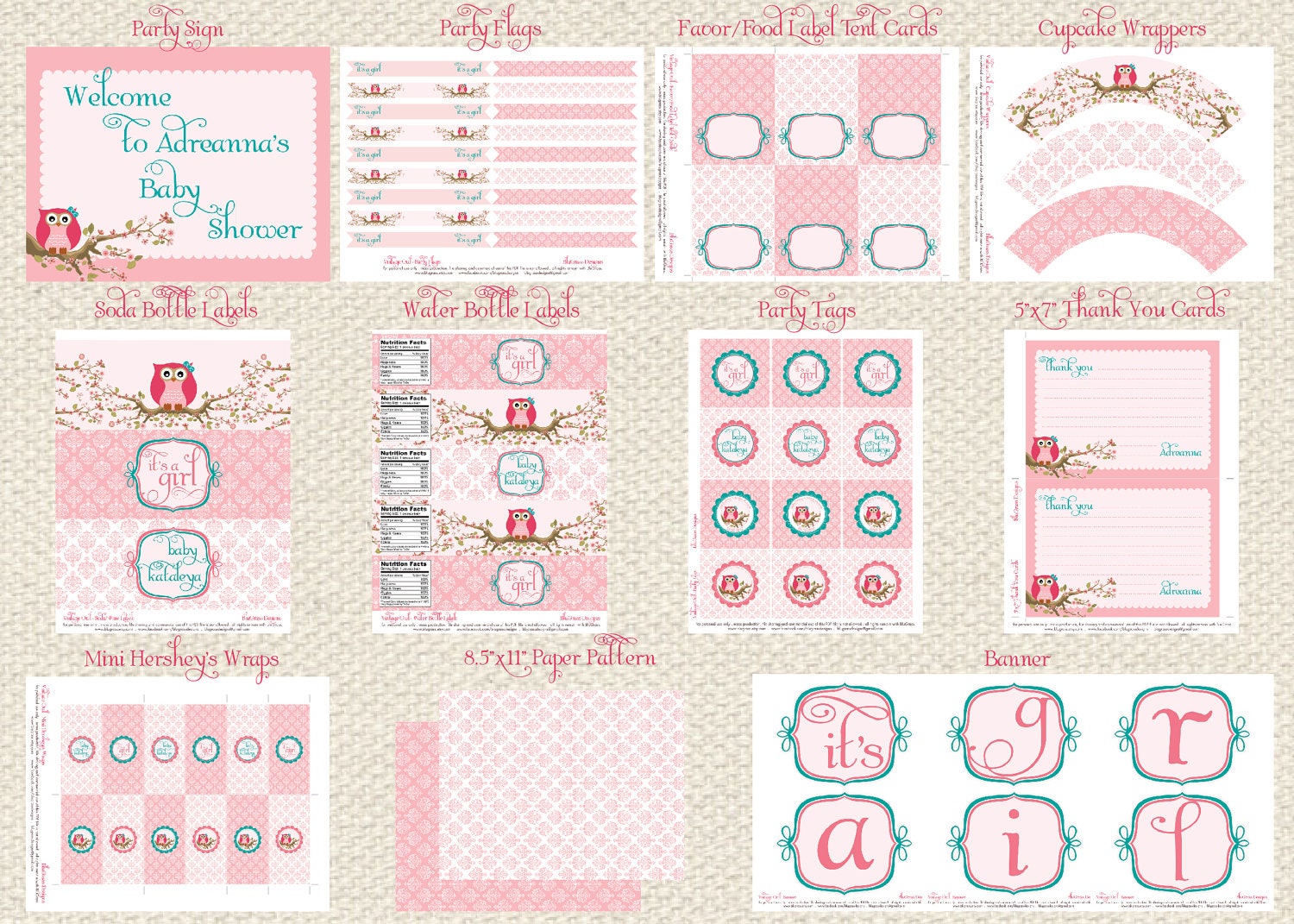 DIY printable baby shower or birthday party package - vintage owl