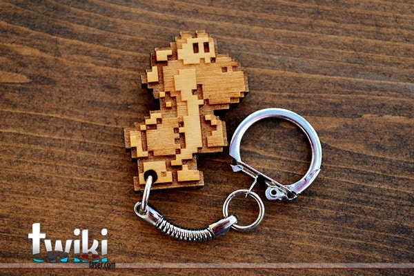 Laser cut and engraved Yoshi 8 bit wood keyring