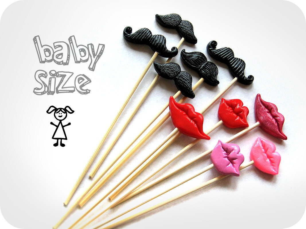 Baby size mustaches and lips on sticks - Photobooth Plastic Props - Set of 10