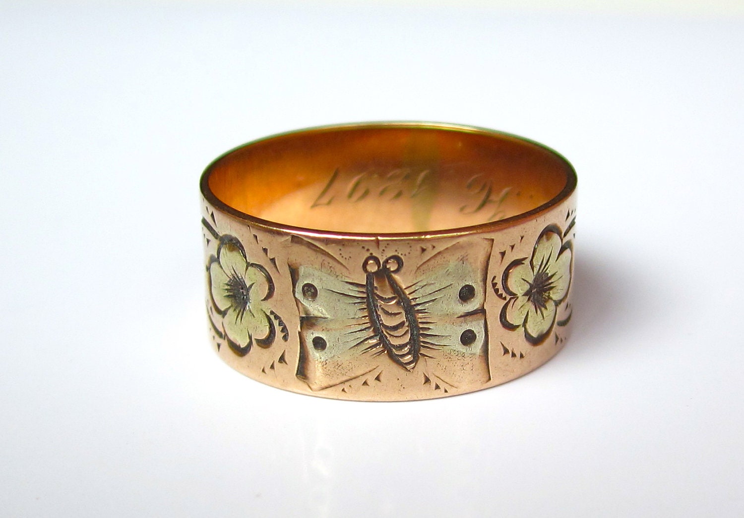 BEAUTIFUL Antique (1897) Victorian BUTTERFLY and Flowers Rose Gold Wedding Band