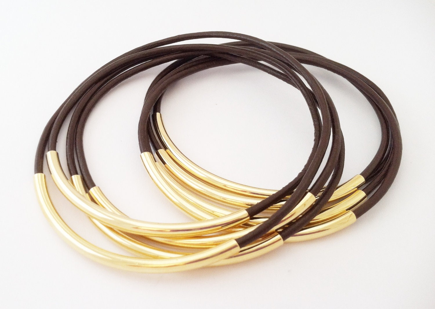 Brown leather Bangles with Gold or Silver Tube Accents