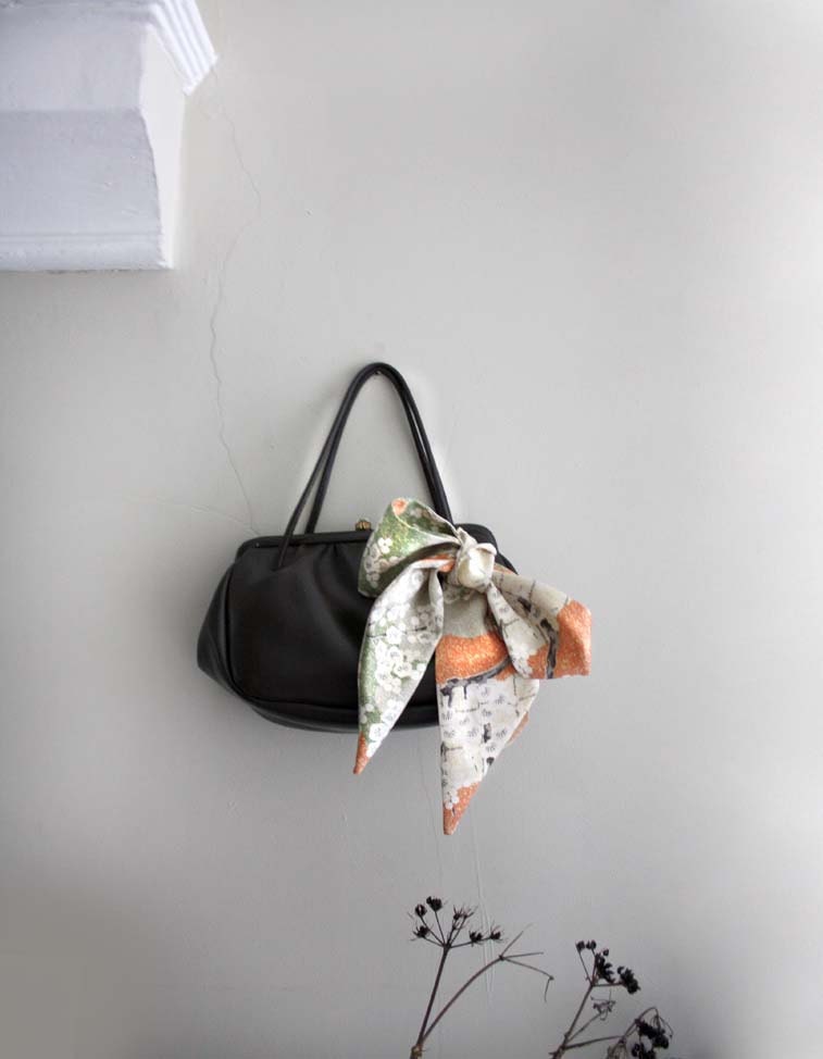 Vintage Brown Faux Leather Kelly Bag and Pure Silk Vintage Scarf. Special Offer.