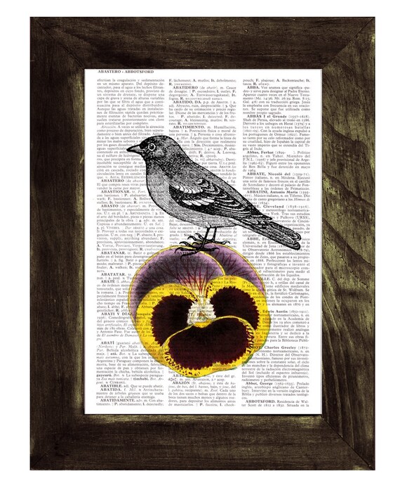 Book page print sparrow and Pansie Print on Vintage Dictionary Book page-collage art print