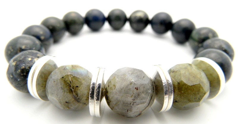 Silver Bead Bracelet - Semi Precious Pyrite Lapis Stones and Labradorite, Semi Precious Chunky Unisex Jewelry