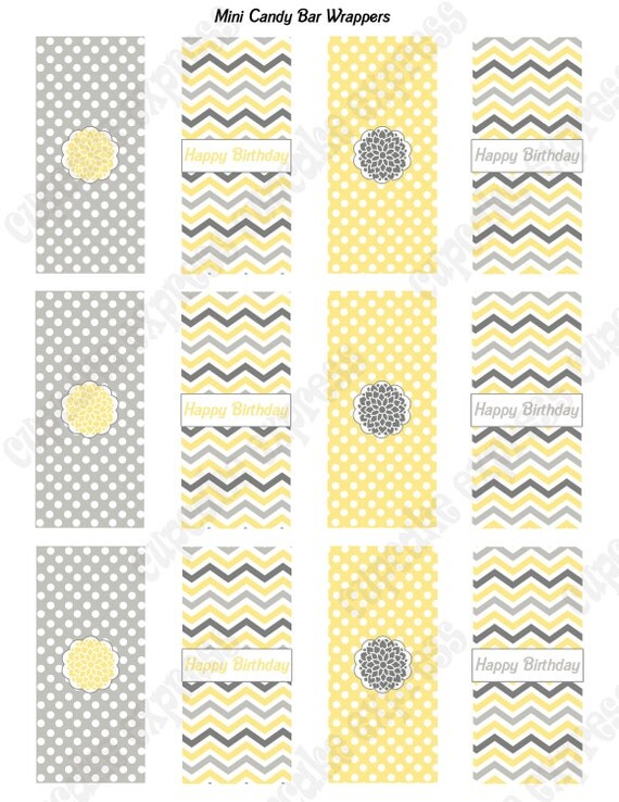 INSTANT DOWNLOAD diy Sunshine Chic Birthday Party PRINTABLE Mini Candy Bar Wrappers yellow grey chevron Il_570xn