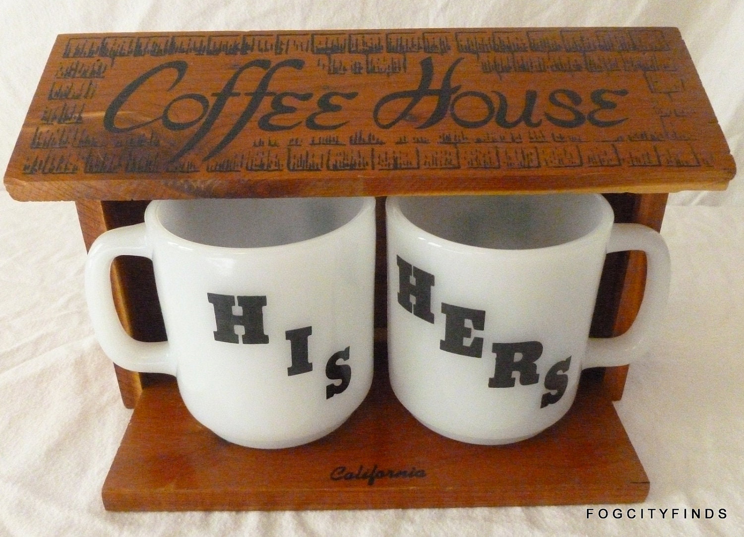 Supreme His and Hers Coffee Mug set with display "house" California. JAVA. Coffee, Tea, or ME.