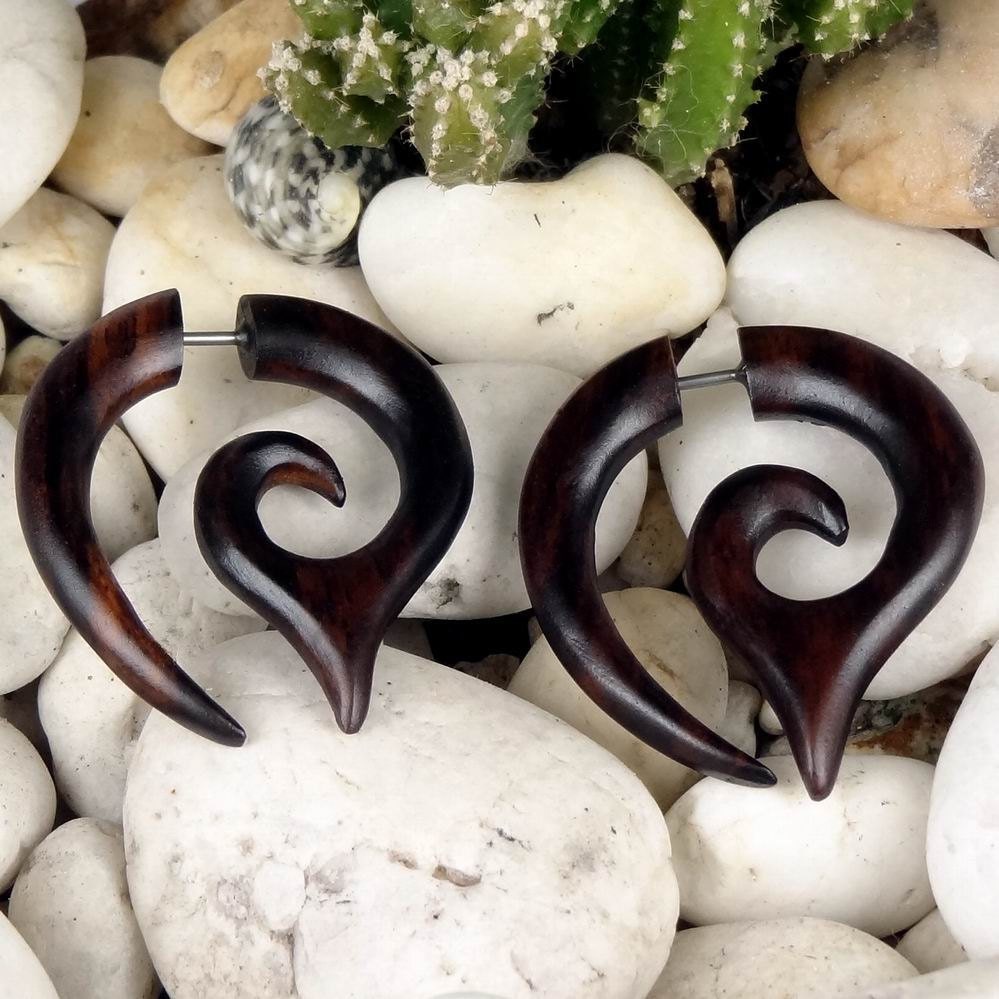 Fake Gauge Earrings - 1 Pair Spade Spirals - Organic Sono Wood Earrings - Hand Carved Sono Wood - (By Fake Gauge Organics)