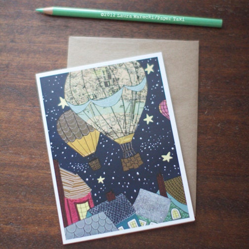 Greeting Card - travel adventure Hot Air Balloon Night Sky rooftops stars map - by Paper Taxi