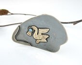 Pre-Columbian Sterling Pin 18K Gold Bird Muscovy Duck Turquoise Eye 1950s Modern Jewelry