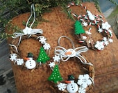 Traditional Mini Grapevine Wreaths -Snowman, Christmas Tree and Snowflake Buttons - Christmas Tree or Swag Ornament