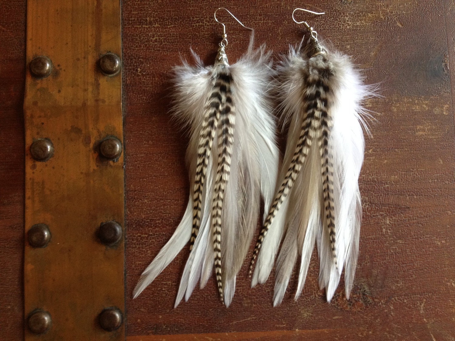 White and Grizzly Feather earrings - soft real rooster feather earings