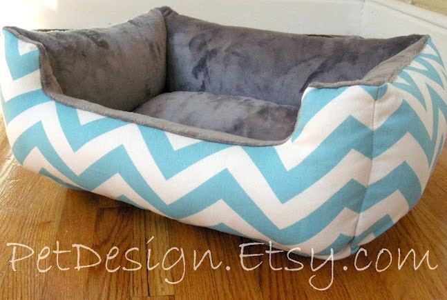 One-Piece 19" X 15"  - Dog Bed - Cat Bed - Turquoise & White Chevron with Gray Minky Fleece
