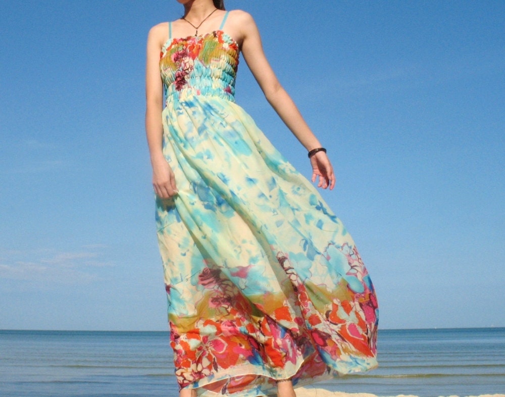New Long Maxi Dress Romance Chiffon Dress/ Blue Sundress XS S M L Dress Women Xmas Gifts