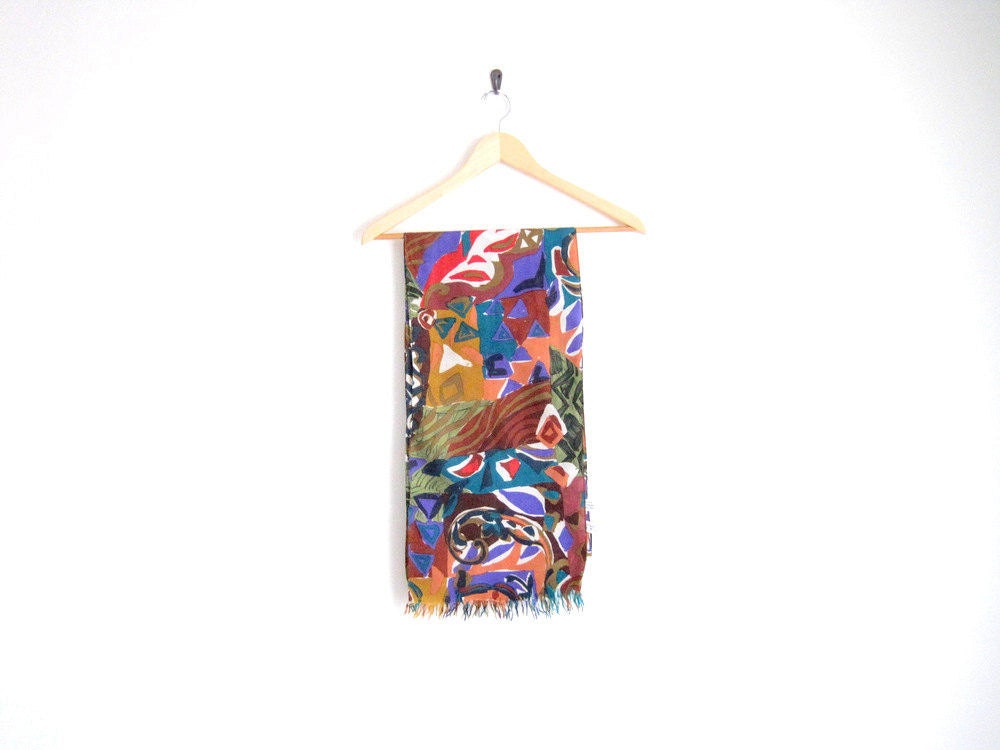vintage silk scarf / abstract geometric print / fringe scarf / head scarf / watercolor