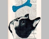 French bulldog with blue pop-art bone - ORIGINAL ARTWORK Hand Painted Mixed Media on 1920 Parisien Magazine 'La Petit Illustration'