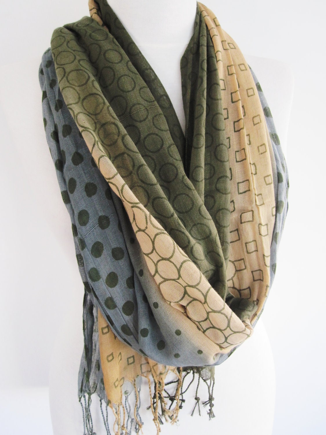 Cotton Patterned Long Scarf, Blue Grey, Beige, Olive Green, Multicolor, Woman Scarf