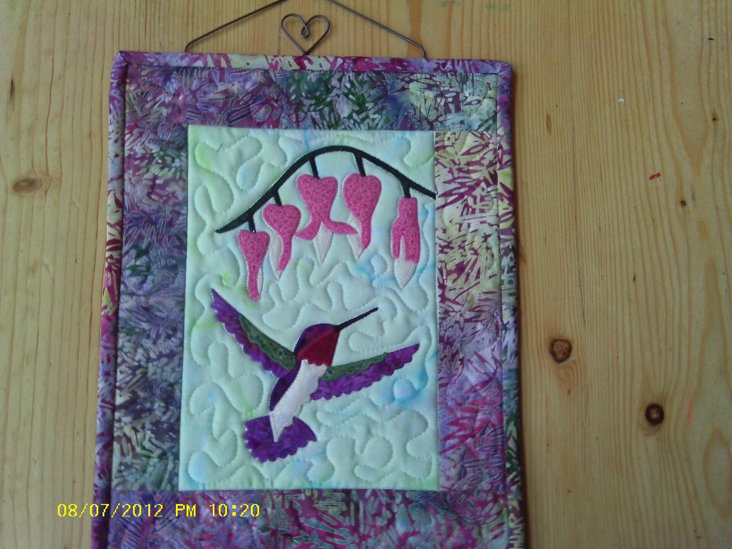 Hummingbird and bleeding hearts quilted applique mini wall hanging - FREE SHIPPING