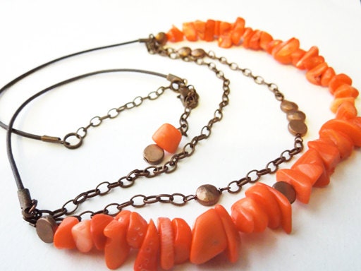 Peach CORAL, Copper, and Leather LAYERED NECKLACE - boho chic jewelry, pink, brown, adjustable, chunky