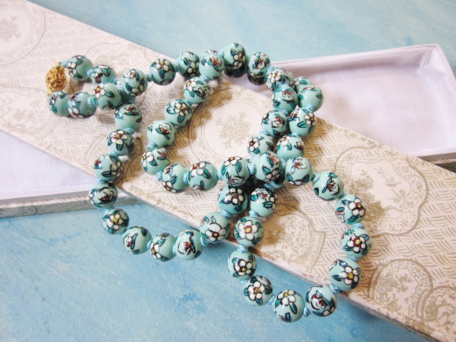 Vintage Necklace Chinese Hand Painted Porcelain Beads Blue Flowers Lotus 1950s Jewelry