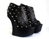 Spiked Heel Less Faux Leather Boots - Black