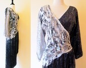 80s Black Long Sleeve Sequin dress / 1980s  Black and Silver Evening Dress  / 1980 Glamour Gown