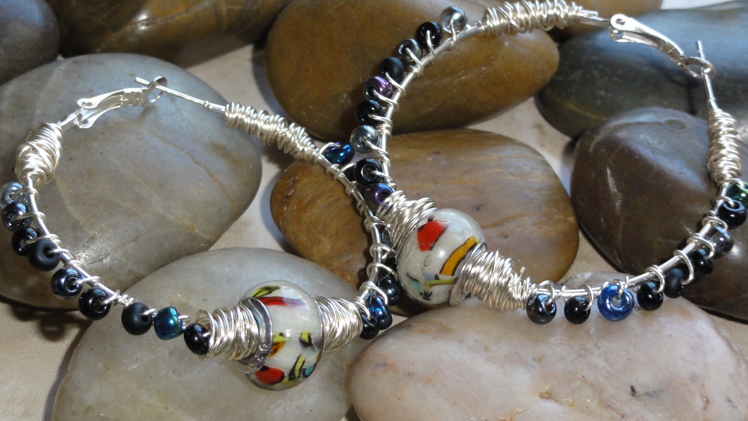 Earrings - Red Orange Yellow Blue Murano Glass Black Bead Wire Wrap Silver Hoop Earrings - Free Shipping
