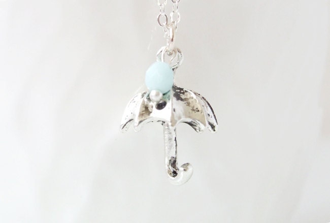 Silver Umbrella Necklace, Raindrop Charm, Old Fashioned Parasol Charm, RAINY DAY
