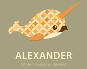Cute Narwhal- Print File - Unicorn of the Sea - Personalized - Nursery - Kids - Moustache - Horned Whale - Fun